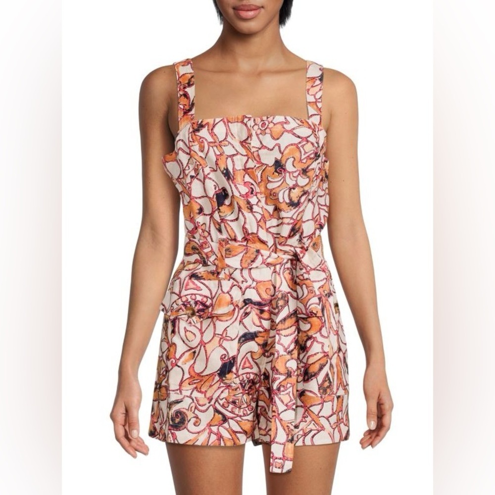 A.L.C. Gilmour Print 100% Linen Cream Orange Pink Sleeveless Romper Size 8